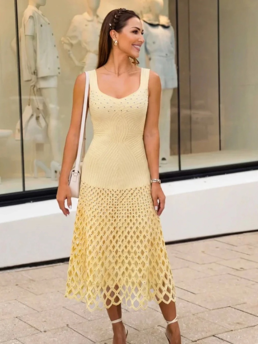 Butter Yellow Knit Midi Dress | Openwork Crochet Hem | Elegant Summer Dress